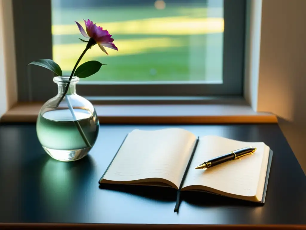 Un escritorio sereno con un cuaderno en blanco, una pluma elegante y una flor en un jarrón