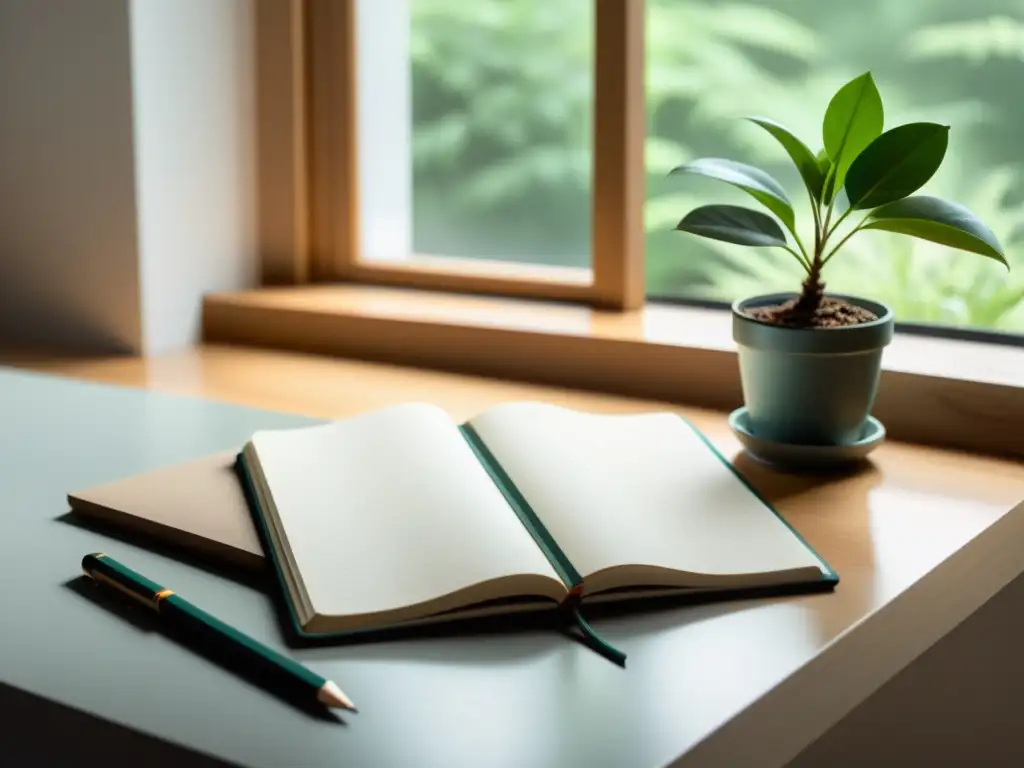 Un escritorio sereno con un cuaderno en blanco y un lápiz, bañado en luz natural