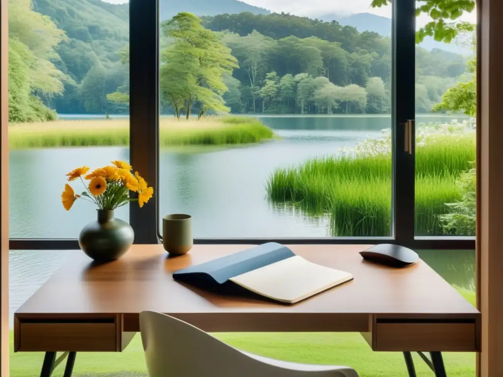 Un escritorio sereno junto a la ventana con vista al lago, perfecto para retiros literarios para inspiración escritura