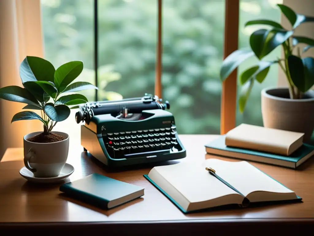 Escritorio sereno con máquina de escribir, diario de cuero y café, evocando calma para la técnica redacción diarios ficticios