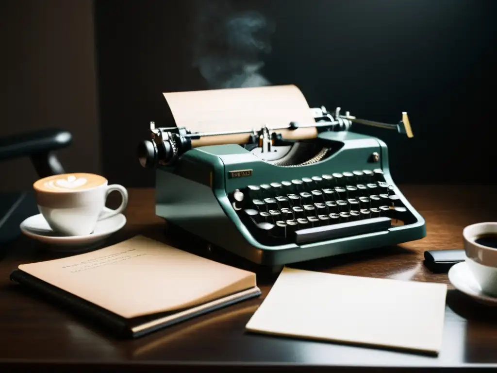 Un escritorio tenue con una máquina de escribir vintage, un bloc de notas y una taza de café