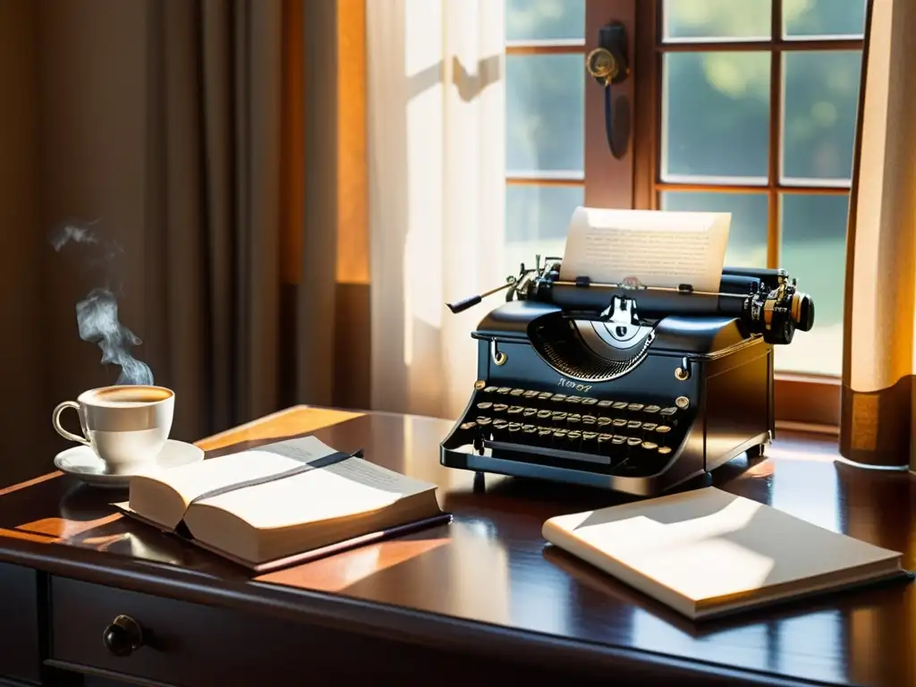 Escritorio vintage con máquina de escribir, papeles, taza de café y accesorios antiguos, bañado en luz cálida