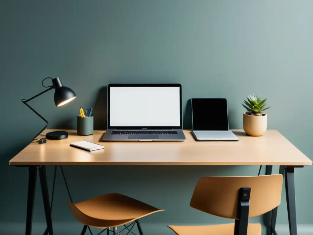 Dos espacios de escritura: presencial y en línea, equilibrio y versatilidad Dos escritorios: uno para talleres en persona con plumas y lámpara, y otro para talleres online con laptop y auriculares