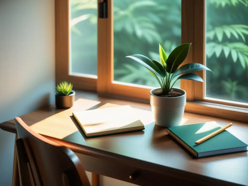 Un rincón de escritura acogedor con un escritorio de madera, un cuaderno, lápices afilados y una planta