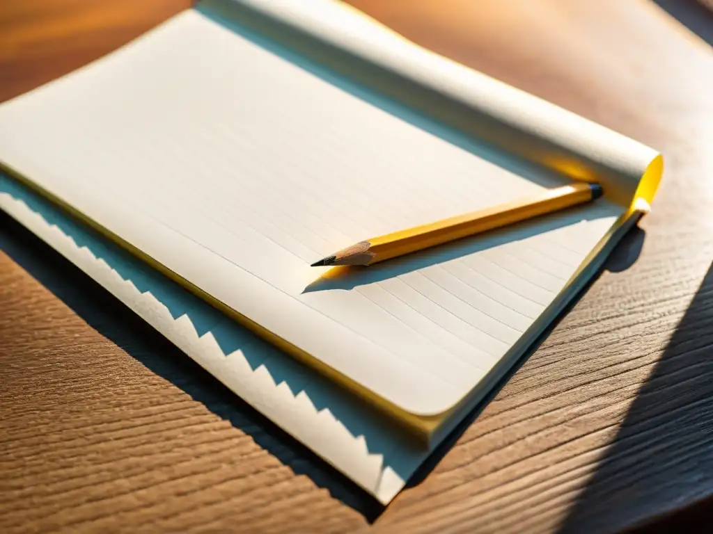 Escritura creativa: cuaderno en blanco, lápiz y luz solar