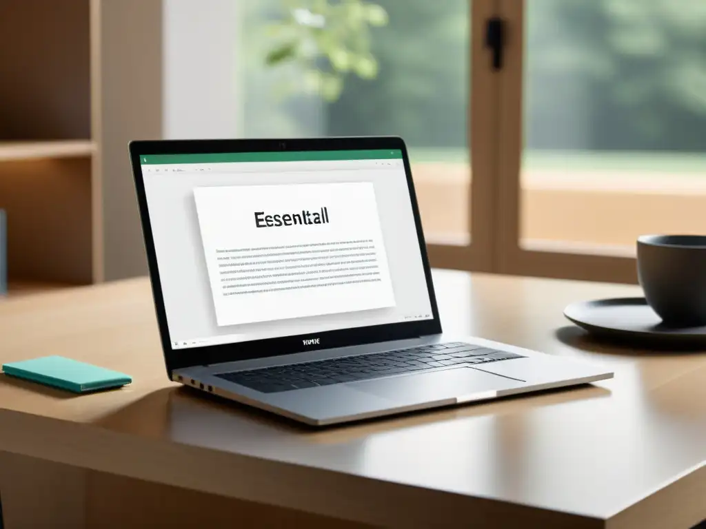 Escritura digital: un laptop moderno sobre un escritorio minimalista, con luz natural y elementos esenciales para comenzar