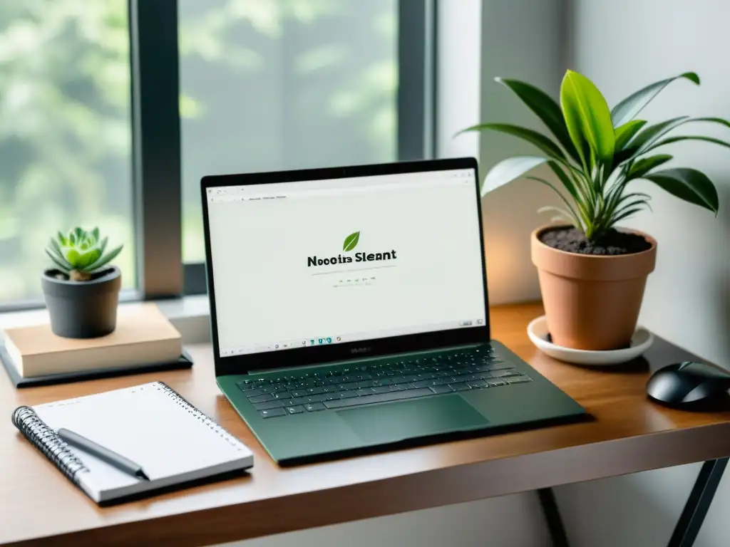 Escritura no lineal en un entorno minimalista con laptop, teclado inalámbrico, y plantas, evocando creatividad y concentración