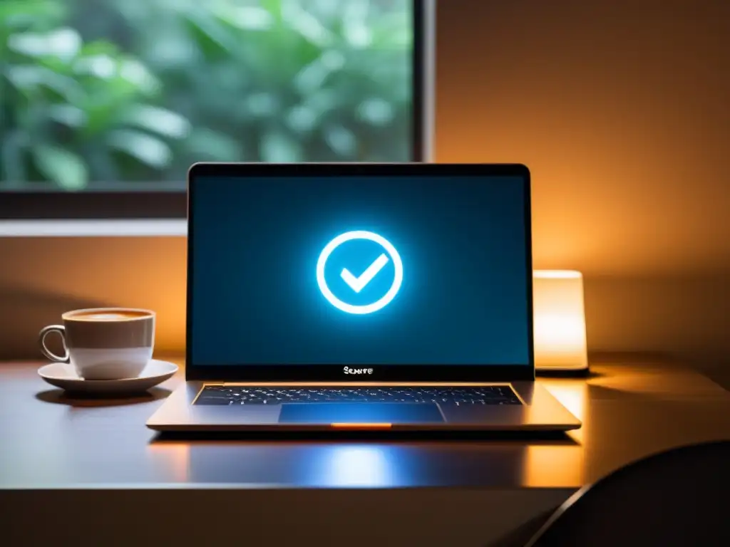 Escritura segura en laptop con software de backup, en un ambiente tranquilo y minimalista