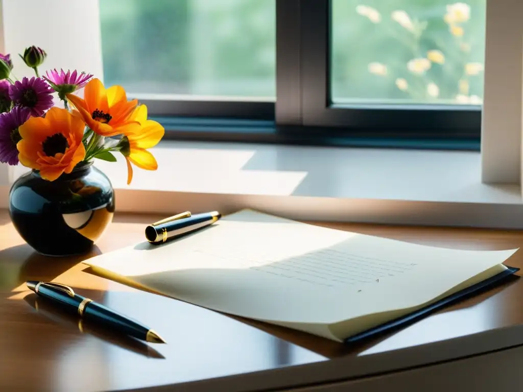 Escritura sensorial en un elegante escritorio de escritor, con plumilla y flores frescas