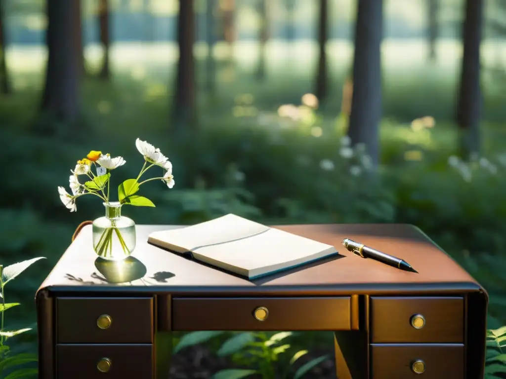 Un rincón de escritura sereno y minimalista en medio de un bosque exuberante