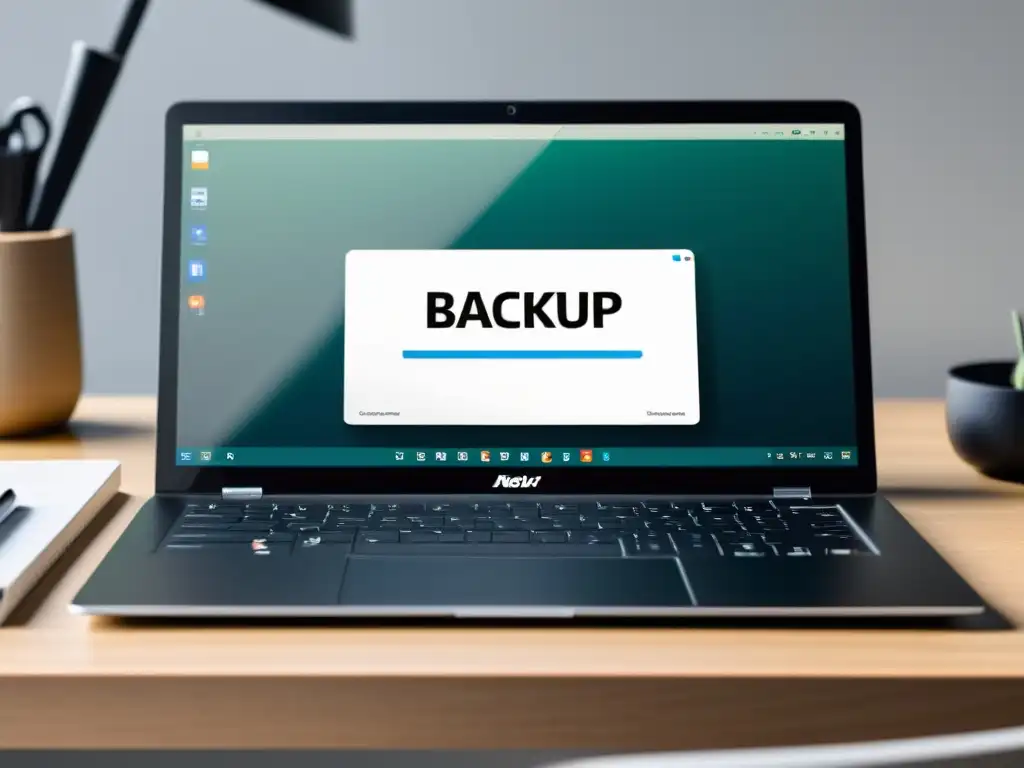 Escritura tranquila con software de respaldo en laptop moderna en escritorio ordenado, enfocado en seguridad y profesionalismo