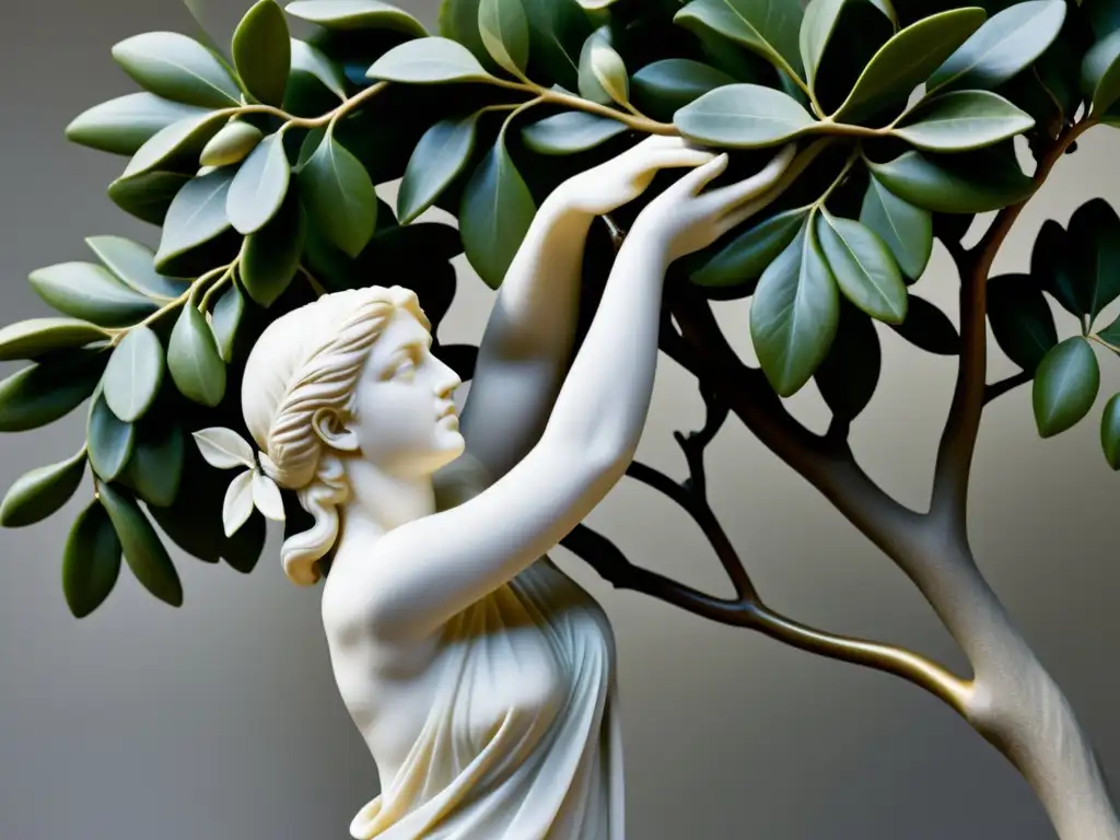 Escultura de mármol que retrata la metamorfosis de Daphne en árbol de laurel, de la narrativa mitológica de Ovidio