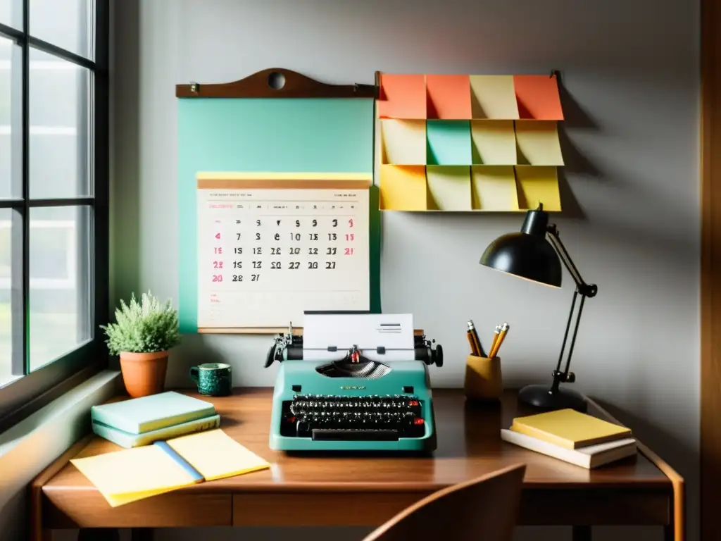 Espacio acogedor para escritores con una elegante escritorio de madera, máquina de escribir vintage, libros y calendario de pared