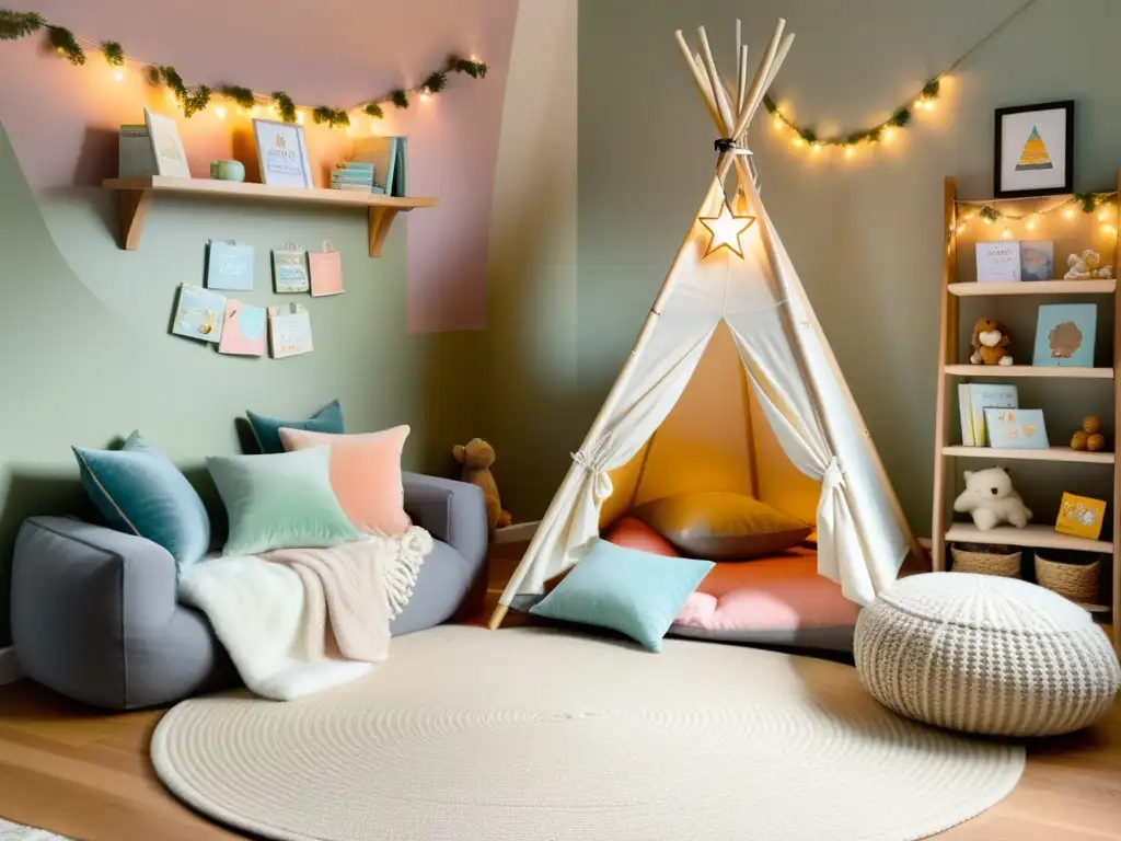 Espacio acogedor para niños fomentando la lectura con tienda teepee y libros de colores en una atmósfera cálida y acogedora