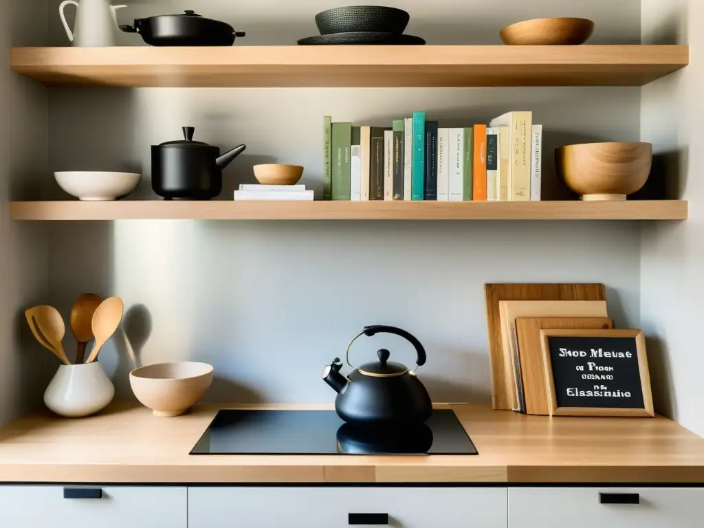 Espacio de cocina minimalista con utensilios y decoración para amantes de la literatura, libros y citas literarias en estantes flotantes