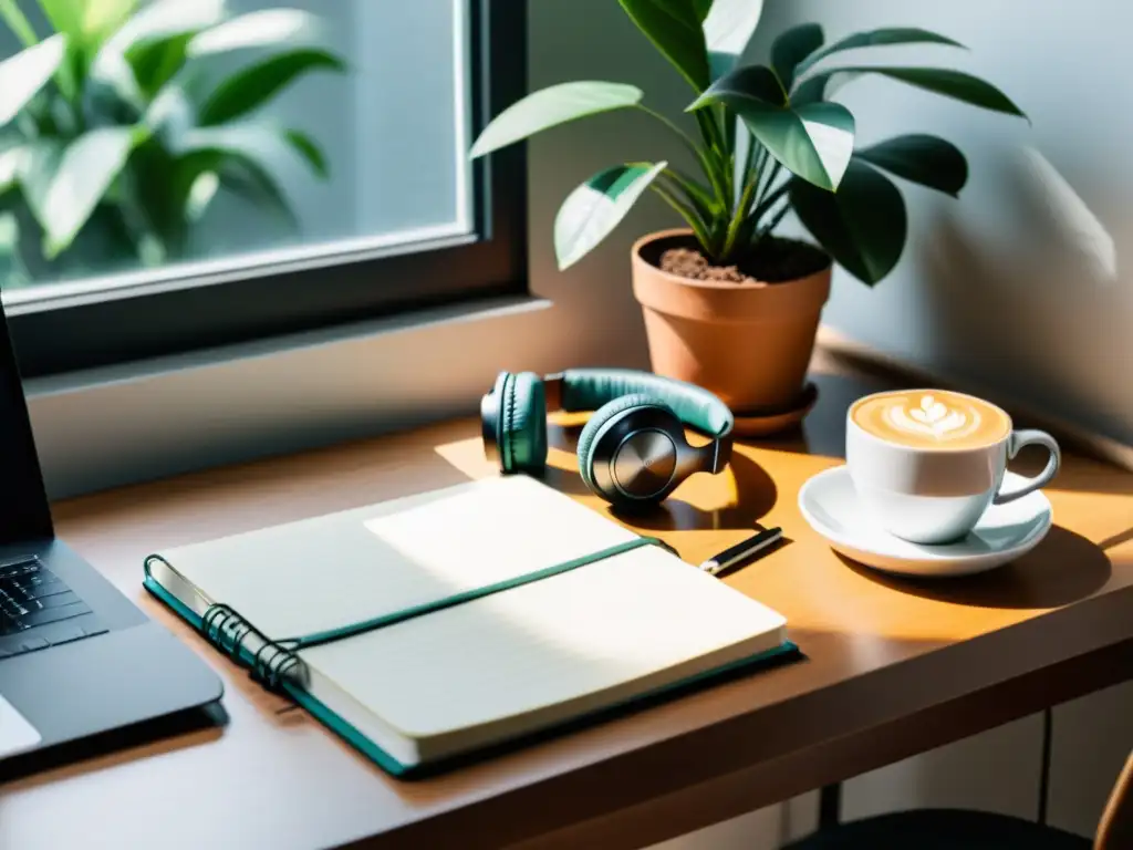 Un espacio de escritura minimalista con aplicaciones para escritores de guiones, café y notas manuscritas, bañado en luz natural