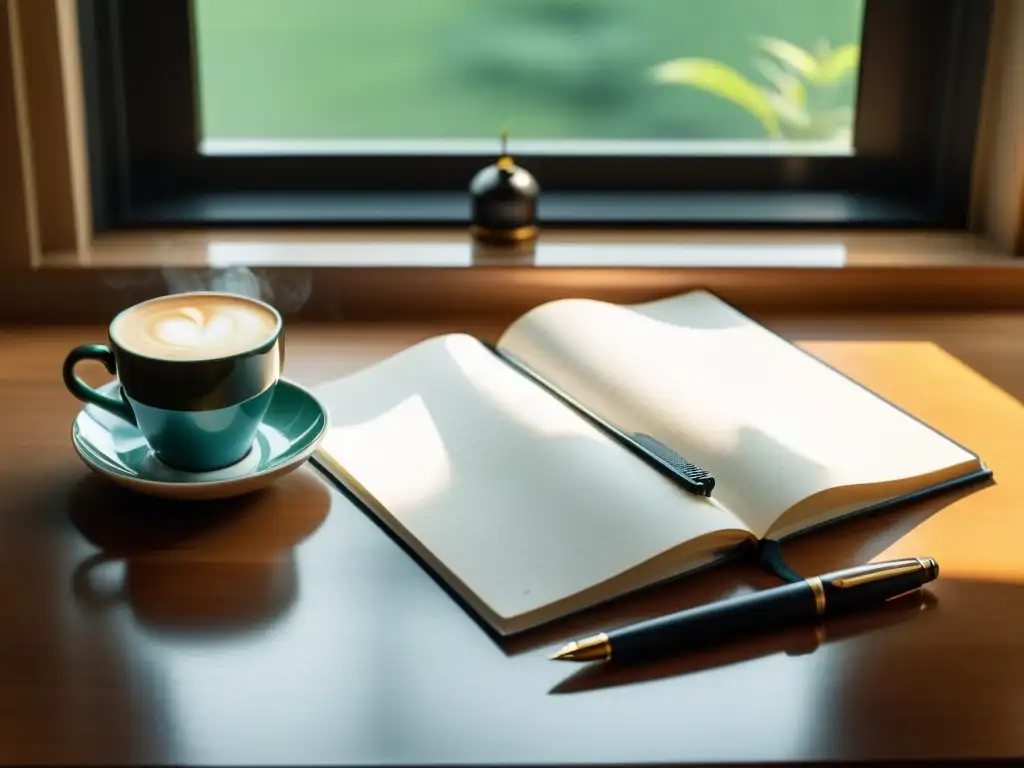 Un espacio de escritura minimalista, con cuaderno en blanco, pluma y café humeante, bañado en luz natural