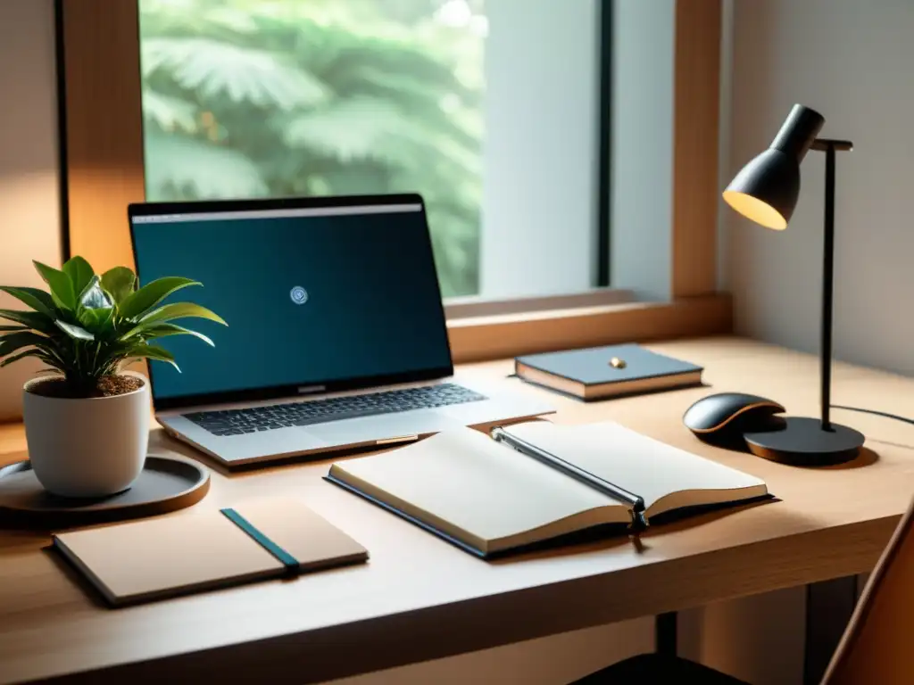 Espacio de escritura minimalista con laptop moderna, cuadernos organizados y planta, ideal para la planificación y gestión de tiempo para escritores