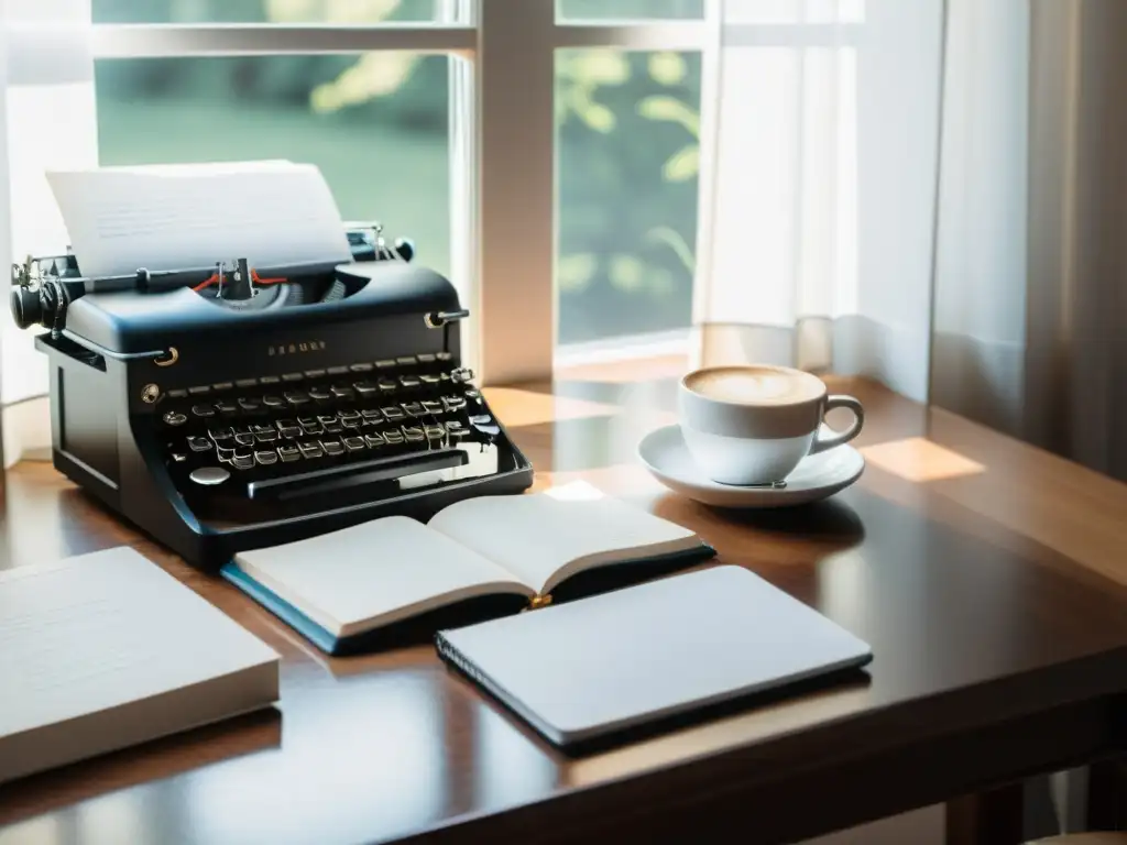 Un espacio de escritura minimalista con laptop, cuadernos, café y una máquina de escribir vintage, bañado en luz natural