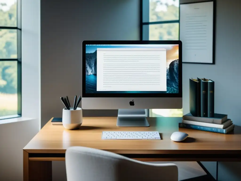 Un espacio de escritura moderno y minimalista con un monitor de alta resolución mostrando un manuscrito en un software popular