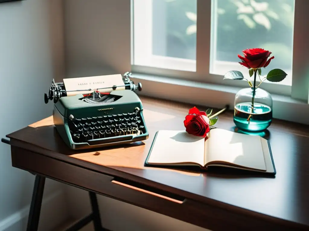 Un espacio de escritura sereno con escritorio de madera, máquina de escribir vintage, y cuadernos desgastados