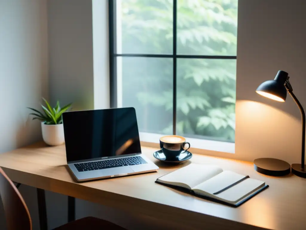 Un espacio de escritura sereno y minimalista listo para talleres de escritura potencial literario, con una elegante laptop y una taza de café humeante