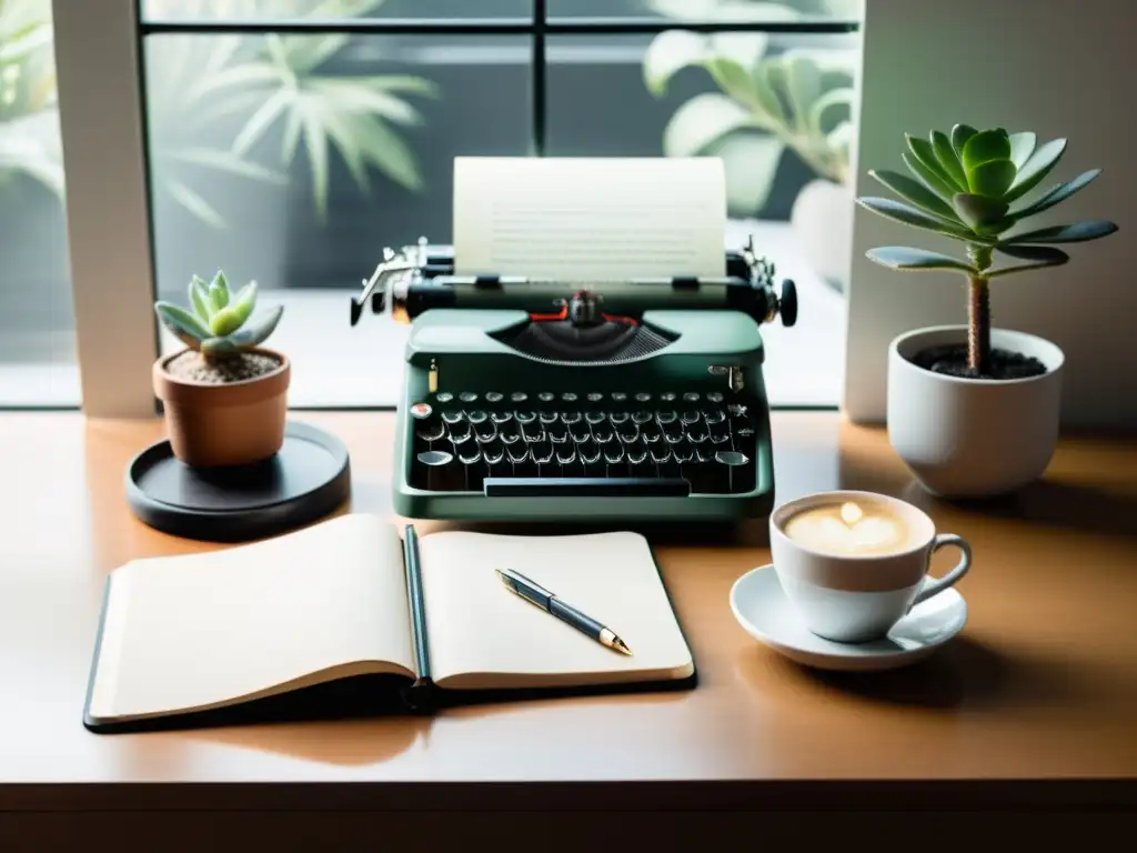 Espacio de escritura sereno y productivo con laptop, máquina de escribir vintage, cuadernos de piel, café y planta