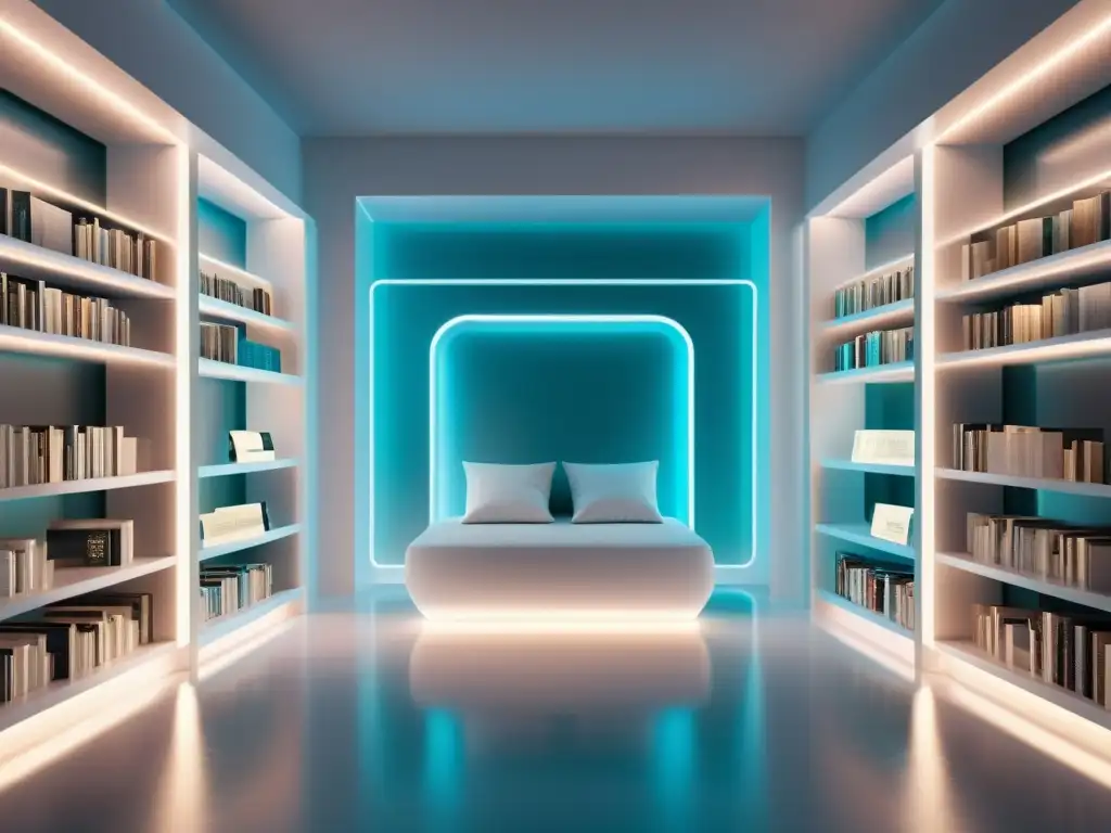 Un espacio futurista lleno de libros digitales luminosos en estantes blancos, creando una atmósfera de innovación y posibilidad