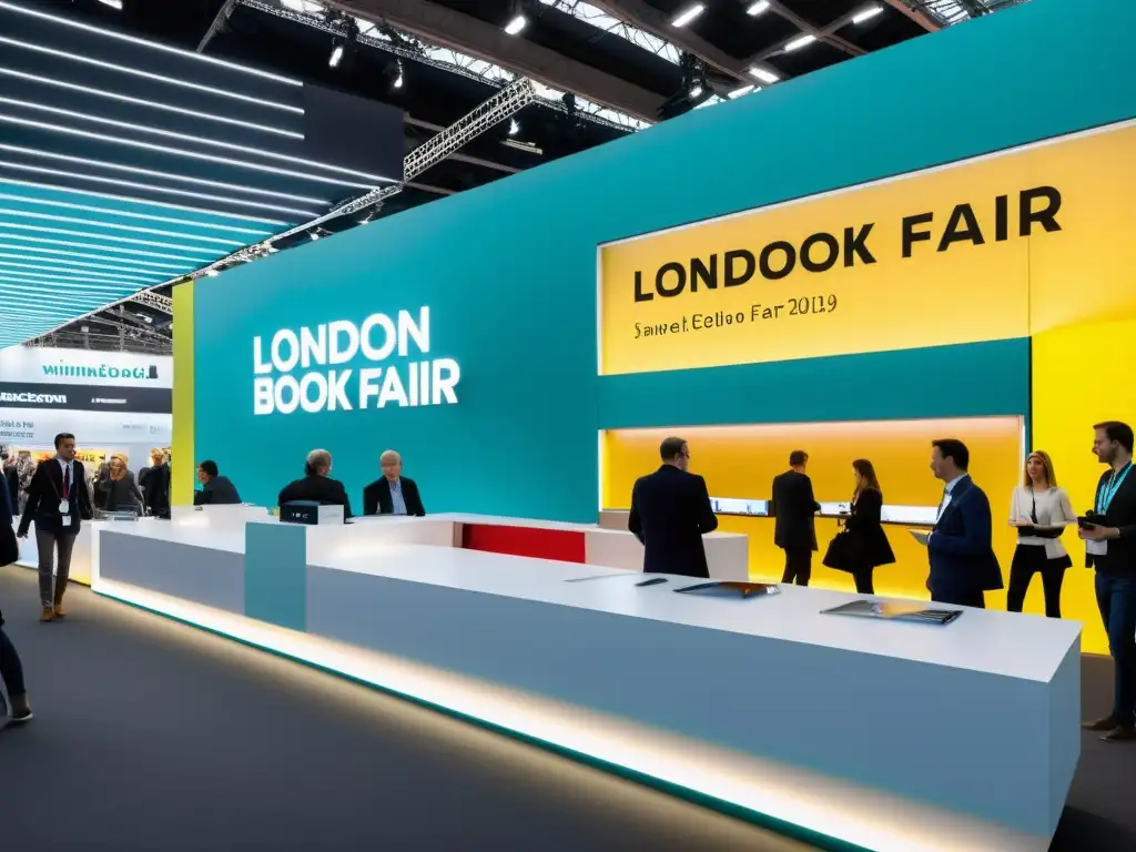 Un espacio futurista de la London Book Fair con tecnología innovadora y diseño moderno