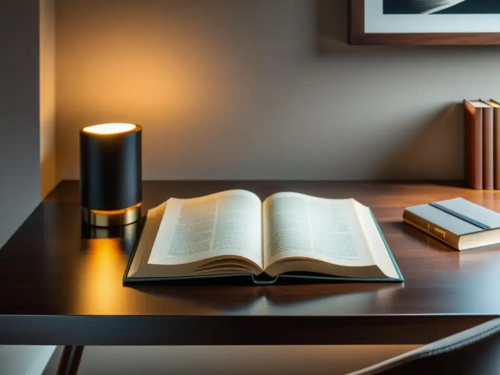 Un espacio de lectura acogedor con un libro abierto sobre un elegante escritorio de madera