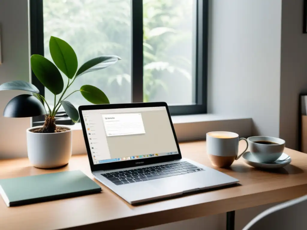 Un espacio minimalista para escritores con laptop, libretas, café y planta