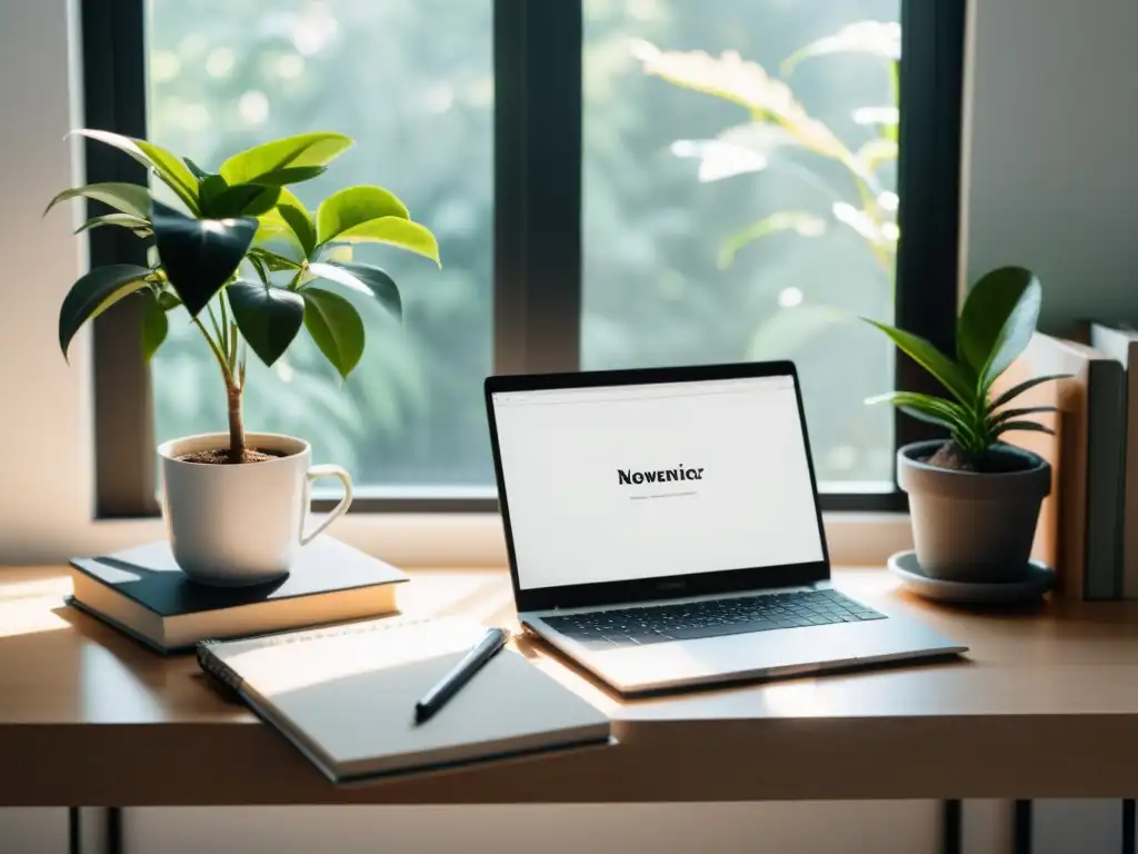 Un espacio minimalista para escritores literarios, con laptop, café, libros y notas, bañado en luz natural