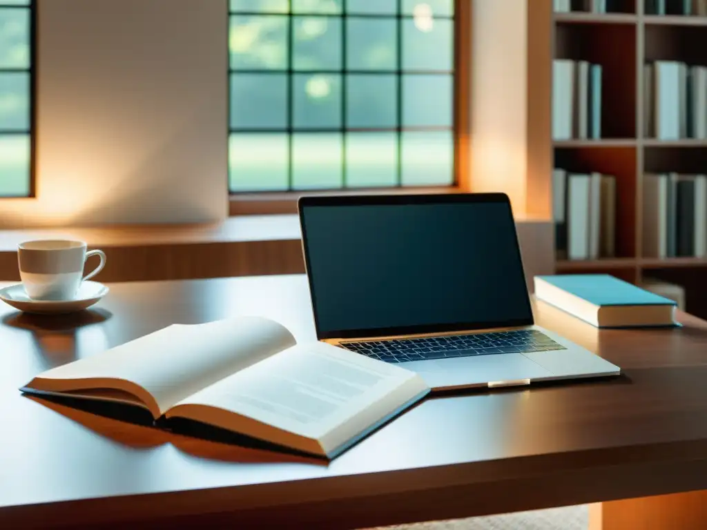 Un espacio minimalista con un escritorio moderno, laptop, libreta y libros, bañado en luz natural