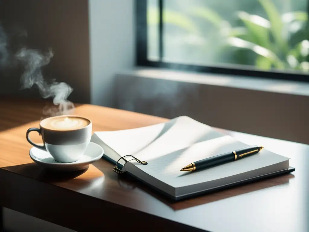 Un espacio minimalista con un escritorio moderno, una libreta en blanco, una pluma y una taza de café humeante, iluminado por luz natural