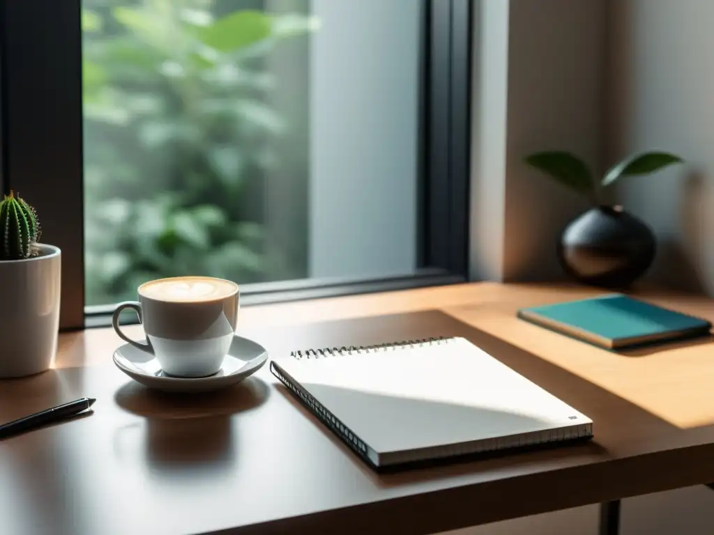 Un espacio minimalista con laptop, libreta, café y pluma, bañado en luz natural