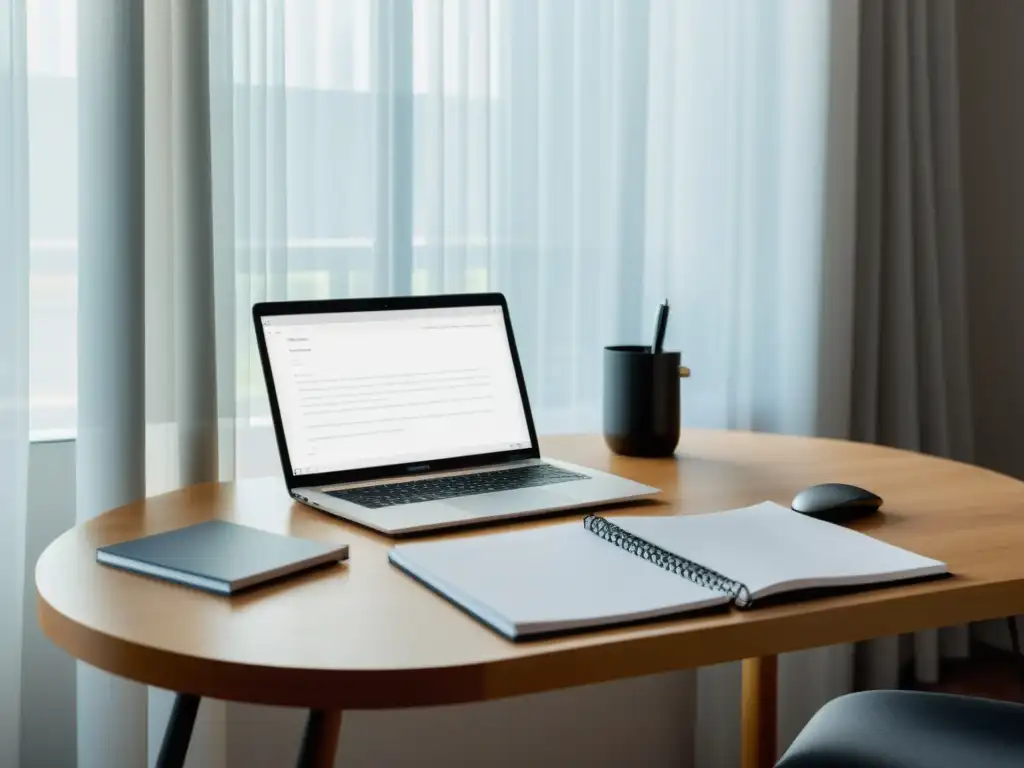 Un espacio minimalista para escribir, con laptop, libreta y pluma, bañado en luz natural