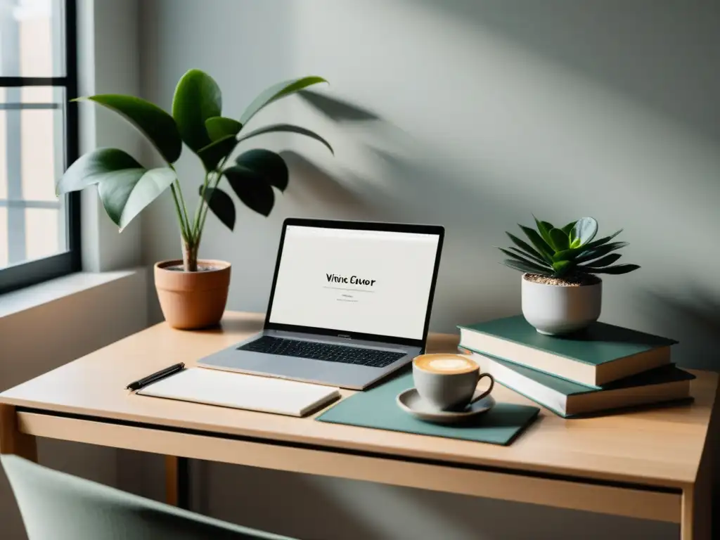 Un espacio minimalista con una laptop, libros, café y una planta, ideal para escritores desarrollando identidad visual