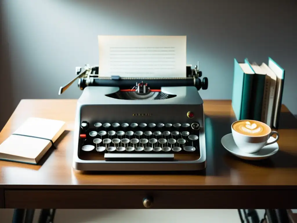 En un espacio minimalista, una mesa de escritor con una elegante laptop plateada, libros apilados, café caliente y una máquina de escribir vintage