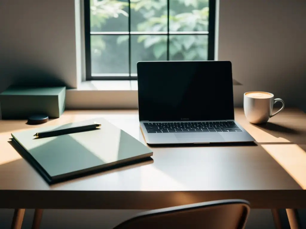 Un espacio minimalista y ordenado, bañado por luz natural, con laptop, cuaderno y café