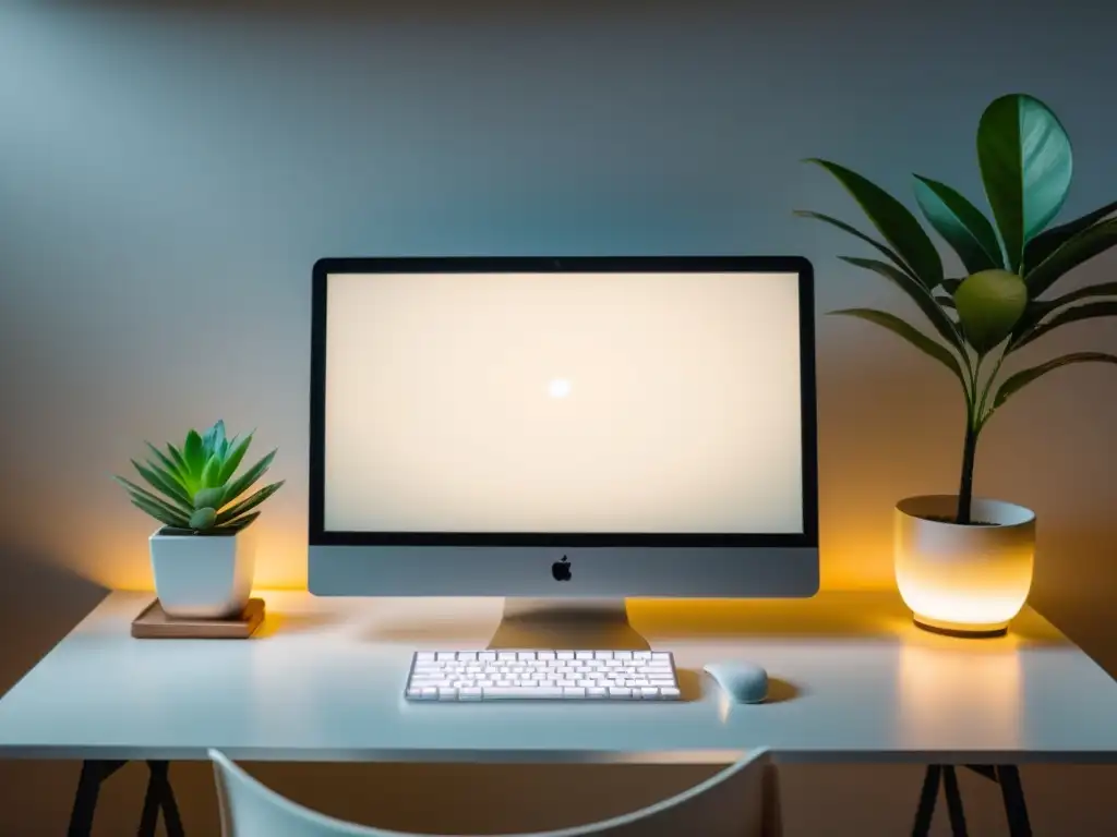 Un espacio minimalista con pantalla en blanco y un cursor parpadeante, iluminado por una luz cálida