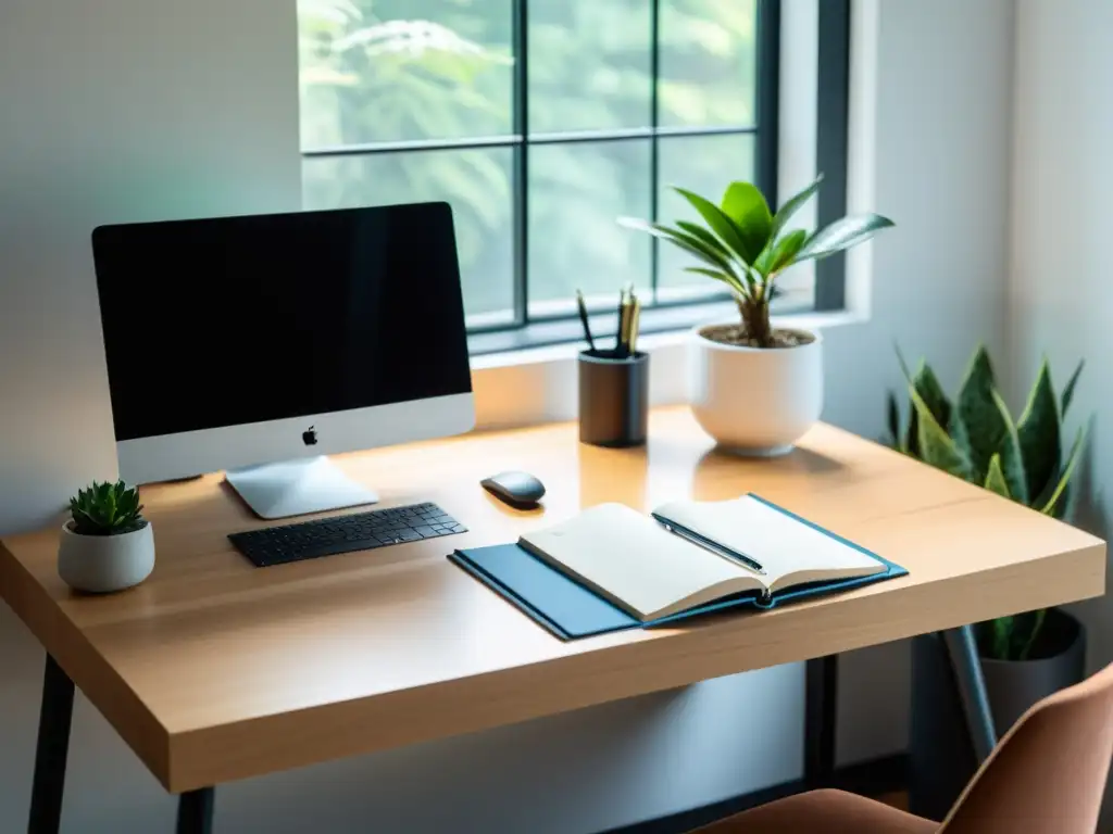 Espacio minimalista y sereno para consultoría literaria en proceso creativo, con escritorio ordenado, computadora moderna y planta en maceta