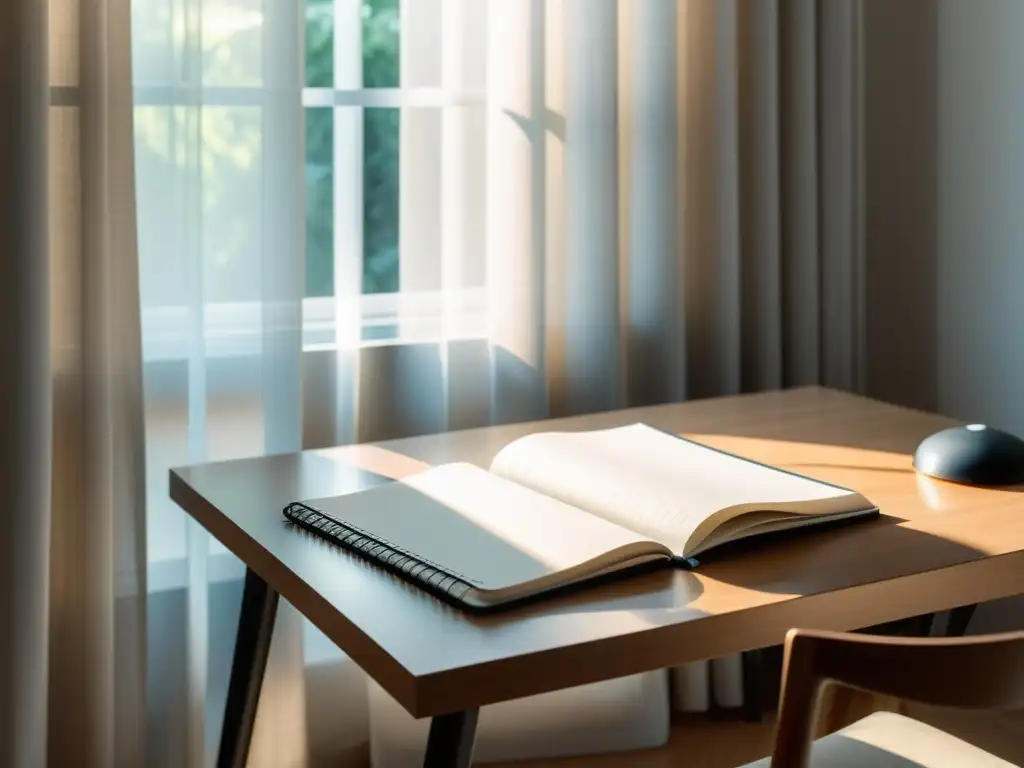 Espacio de trabajo minimalista sereno con luz natural Un espacio minimalista y sereno con un escritorio elegante, un cuaderno perfectamente organizado y una pluma descansando sobre él