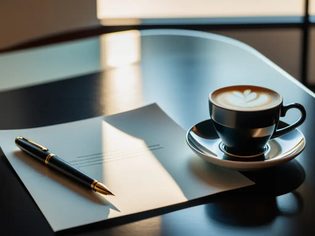 Un espacio minimalista y sereno con un escritorio moderno, una hoja en blanco, una pluma y una taza de café