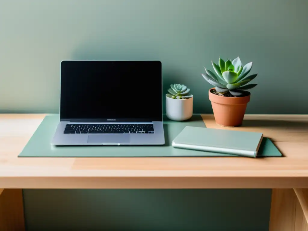 Escritura serena: escritorio minimalista con laptop y planta Un espacio minimalista y sereno para técnicas de escritura, con laptop, cuaderno, planta y pen, en un entorno organizado y calmado