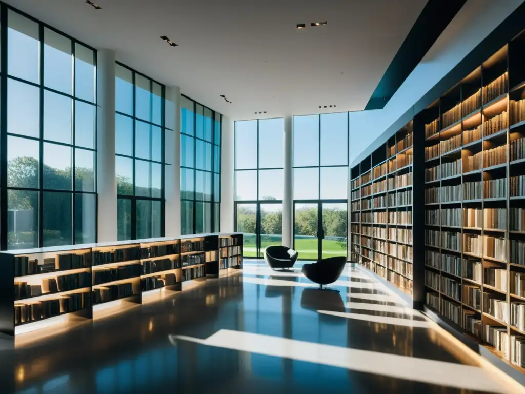 Un espacio minimalista y sofisticado con biblioteca contemporánea, libros de poesía y luz natural