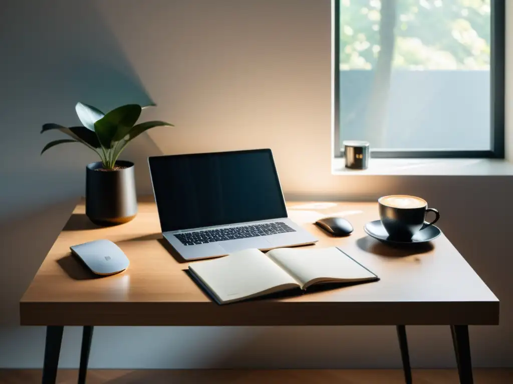 Un espacio minimalista de trabajo con laptop, libreta y café