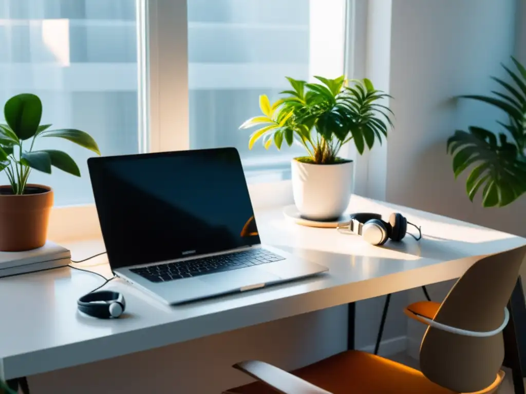 Un espacio minimalista de trabajo con laptop moderno, café caliente y plantas