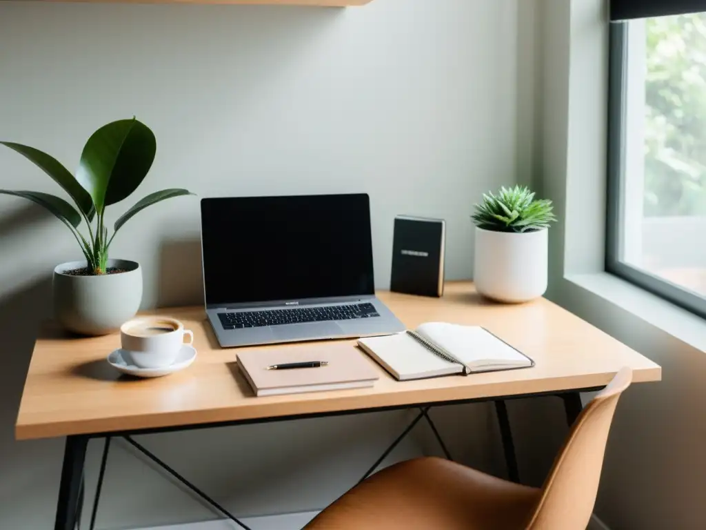 Un espacio minimalista y tranquilo para escritores, con laptop, libretas, café y plantas