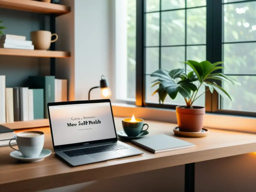 Espacio de oficina en casa minimalista y acogedor con libros autoeditados, laptop moderna y una taza de café