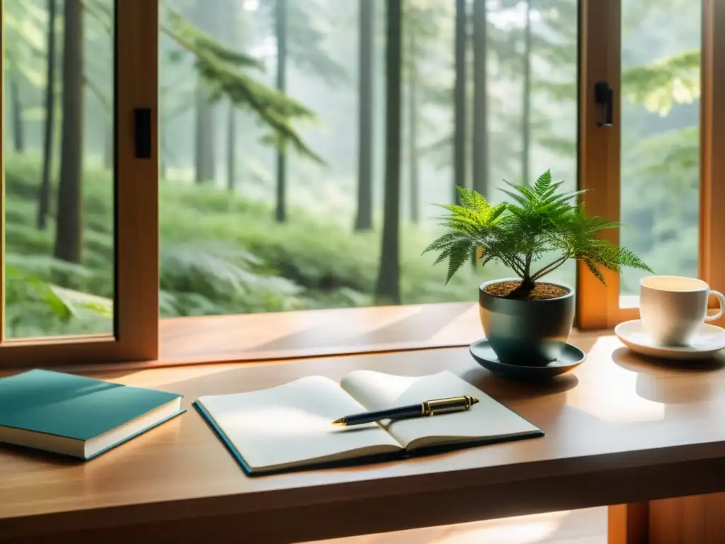 Espacio sereno de retiro para escribir en la naturaleza Espacio de retiro para escritura, con escritorio de madera, ventana con vista al bosque, planta, taza de té y cuaderno en blanco